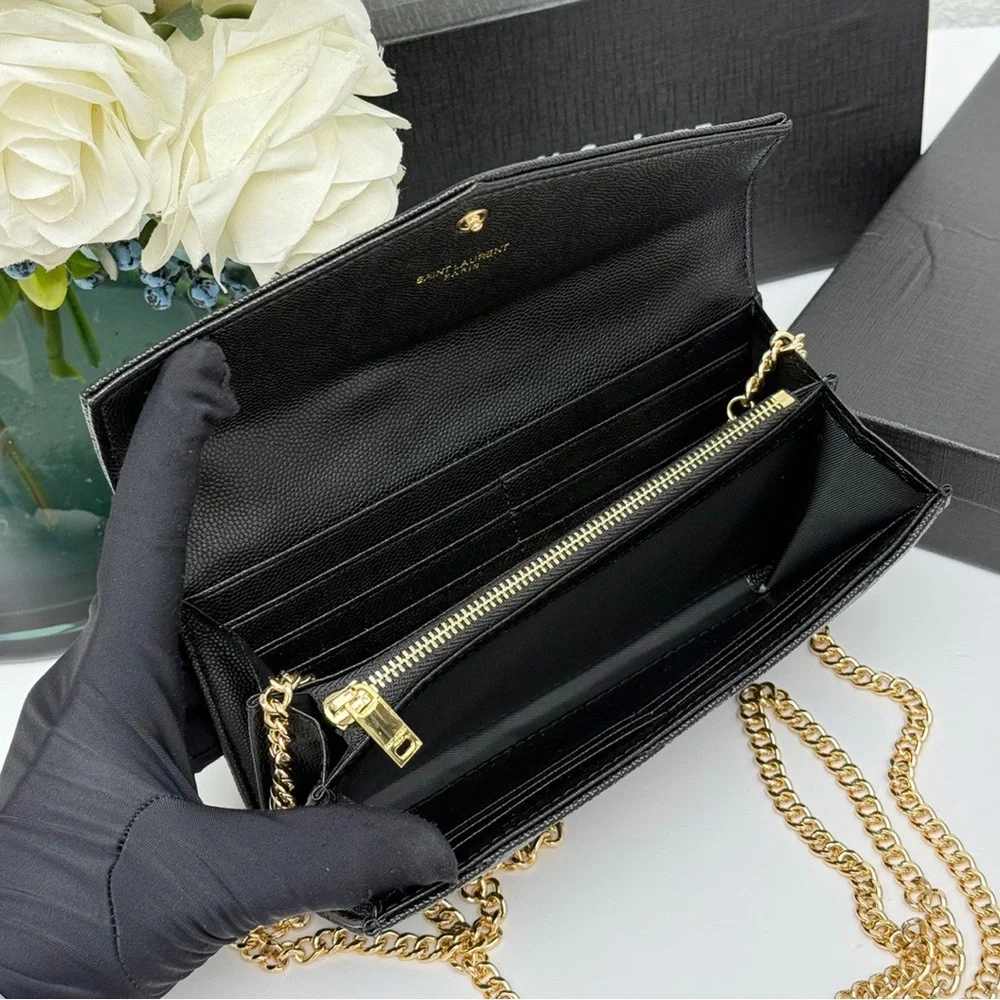 Yves Saint Laurent Black Textured Clutch with Gold Chain